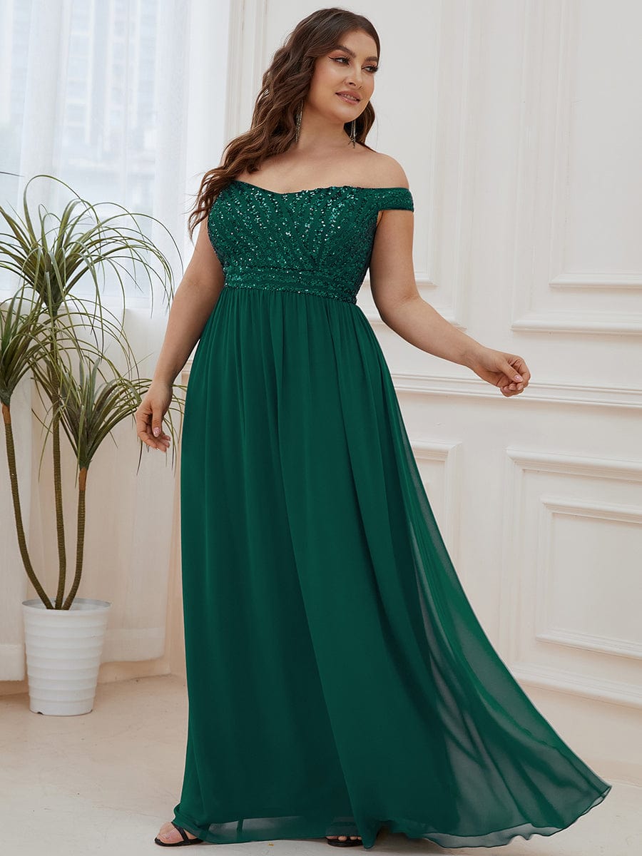 Off Shoulder Shining Paillette A-Line Maxi Evening Dress #color_Dark Green