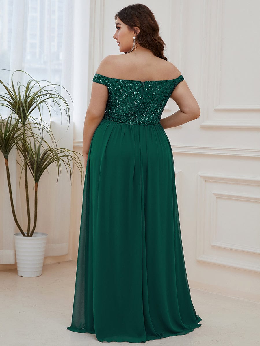 Off Shoulder Shining Paillette A-Line Maxi Evening Dress #color_Dark Green