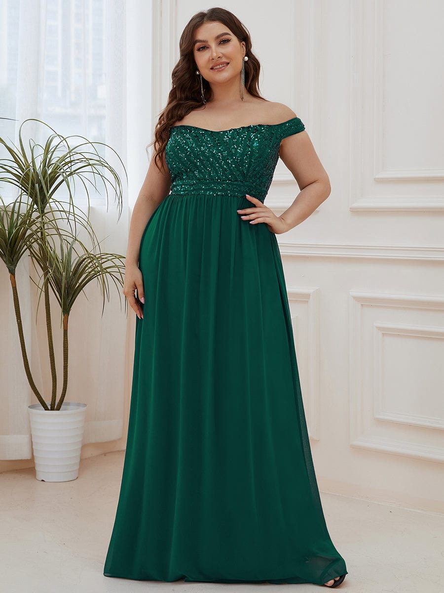 Off Shoulder Shining Paillette A-Line Maxi Evening Dress #color_Dark Green