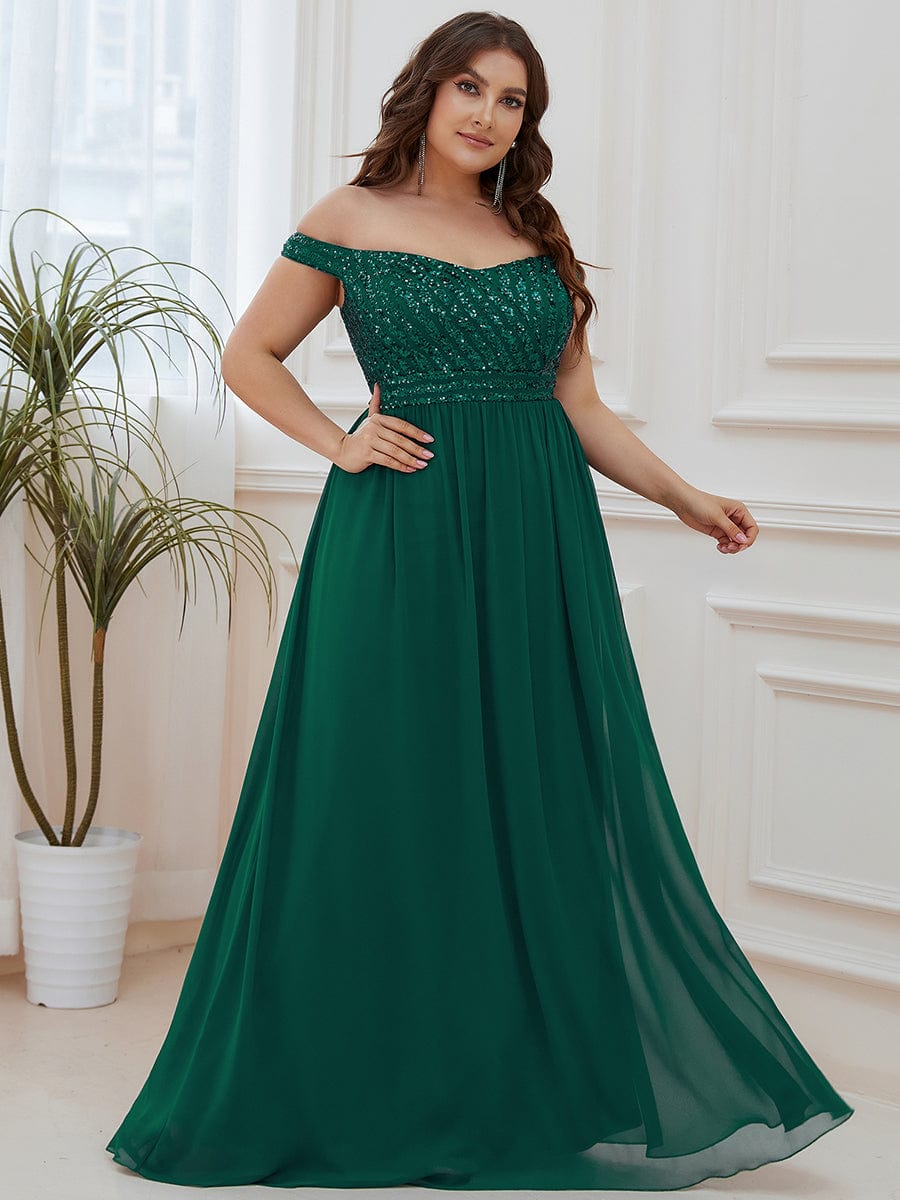 Off Shoulder Shining Paillette A-Line Maxi Evening Dress #color_Dark Green