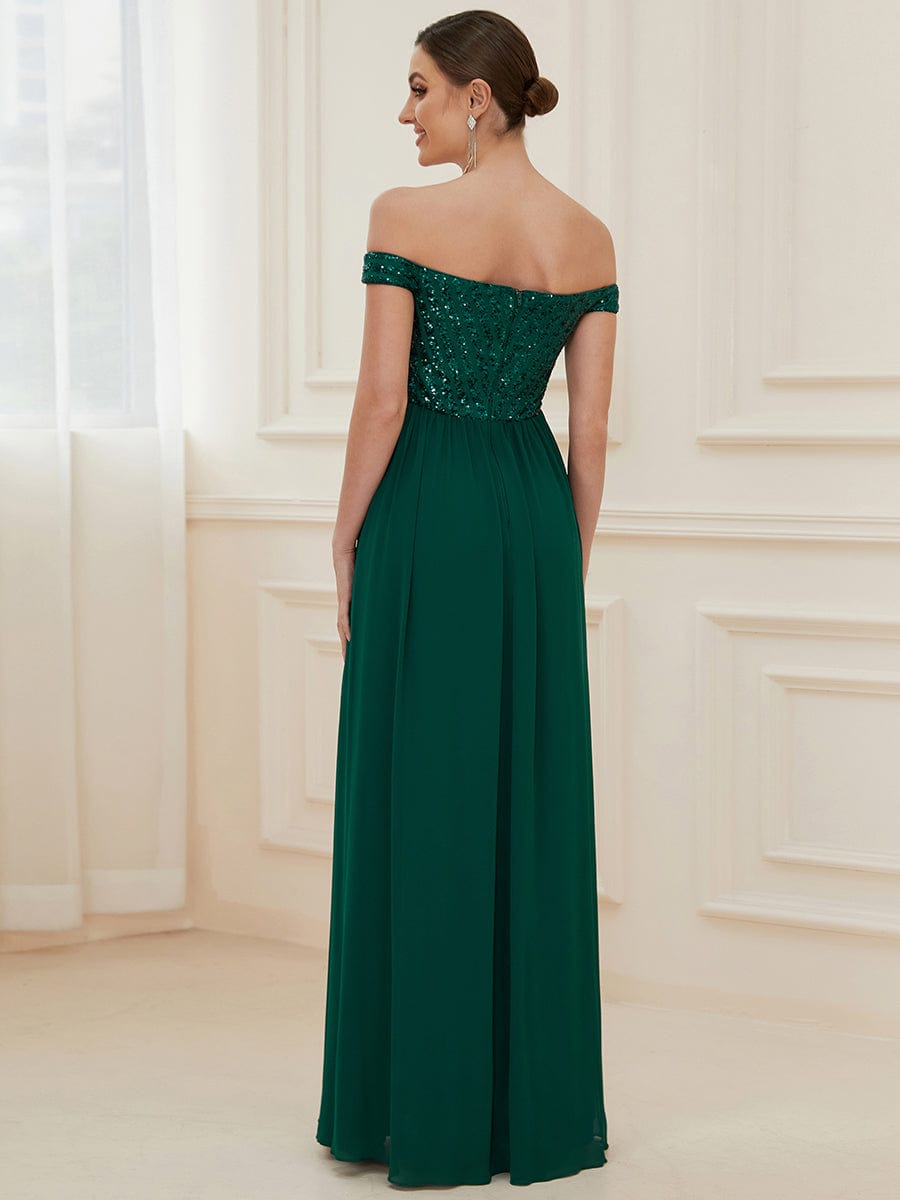 Off Shoulder Shining Paillette A-Line Maxi Evening Dress #color_Dark Green