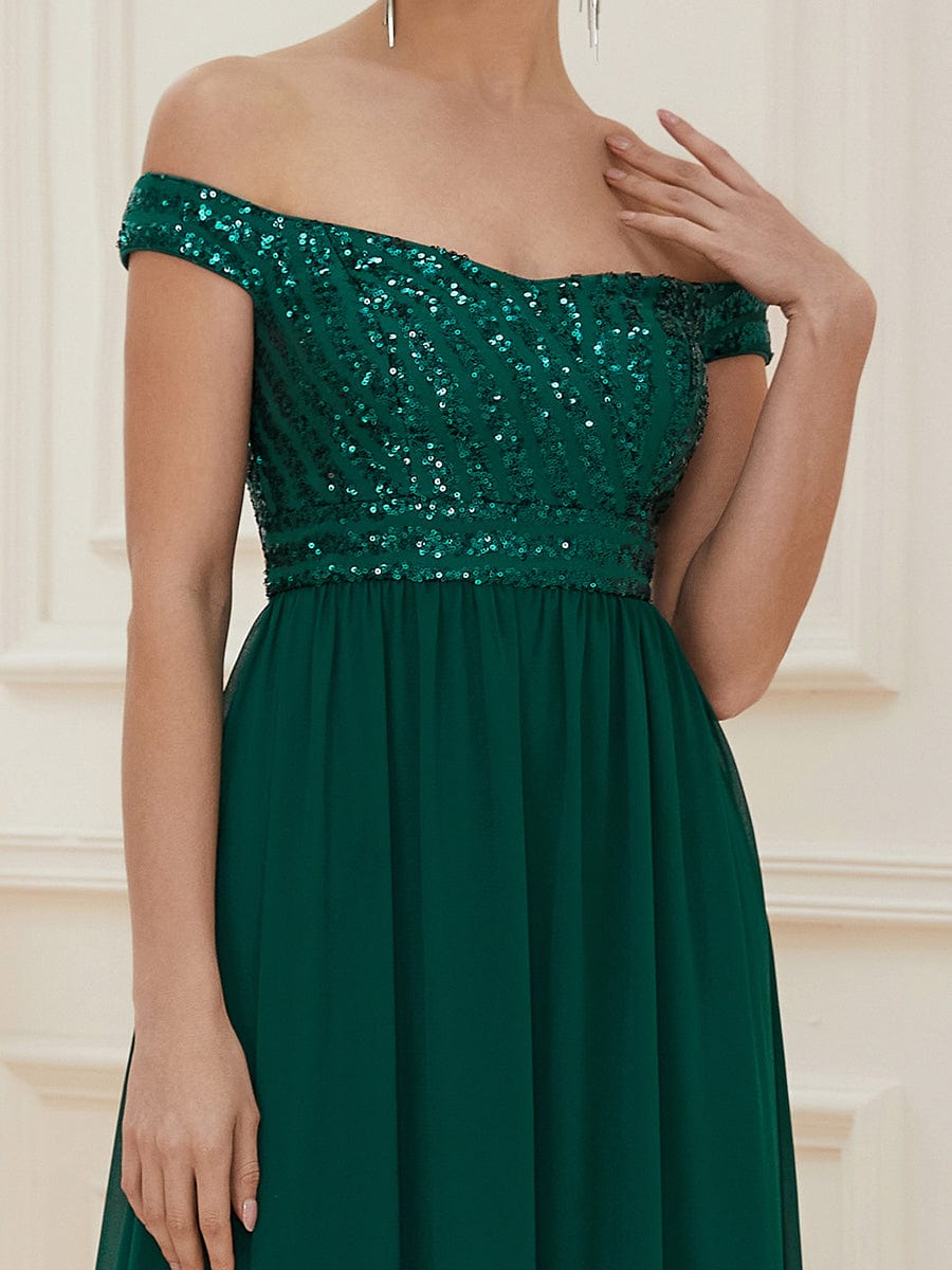 Off Shoulder Shining Paillette A-Line Maxi Evening Dress #color_Dark Green