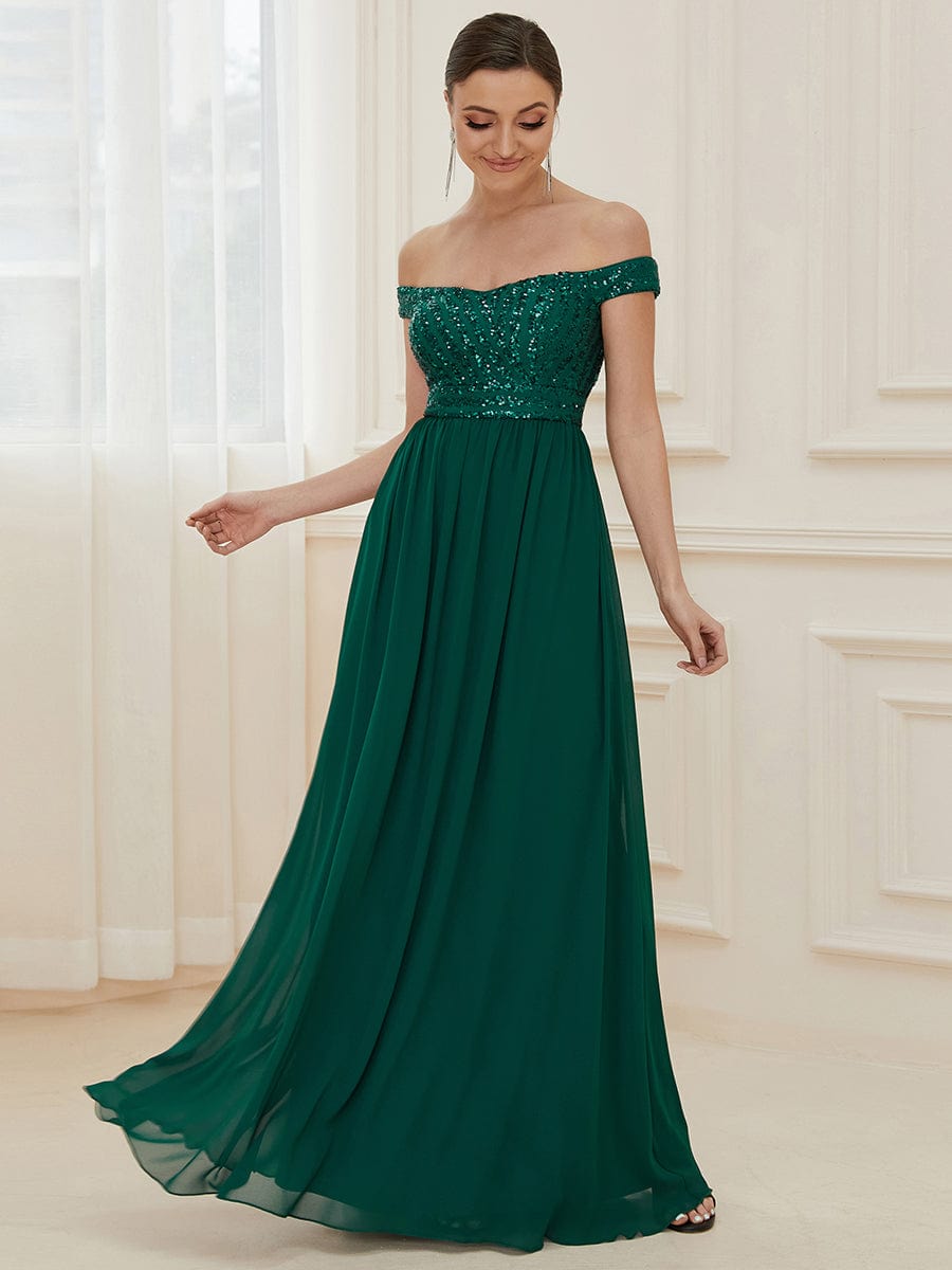 Off Shoulder Shining Paillette A-Line Maxi Evening Dress #color_Dark Green