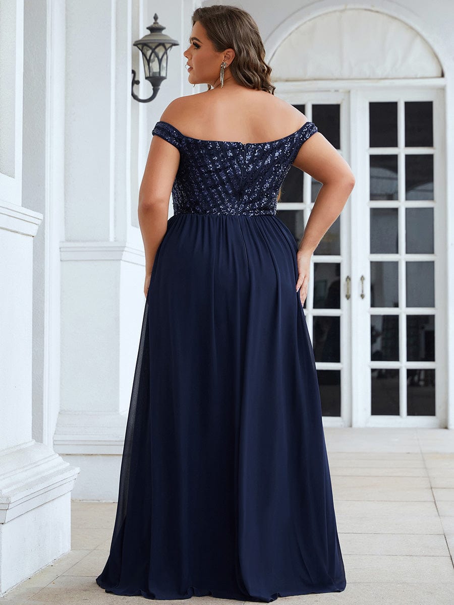 Off Shoulder Shining Paillette A-Line Maxi Evening Dress #color_Navy Blue