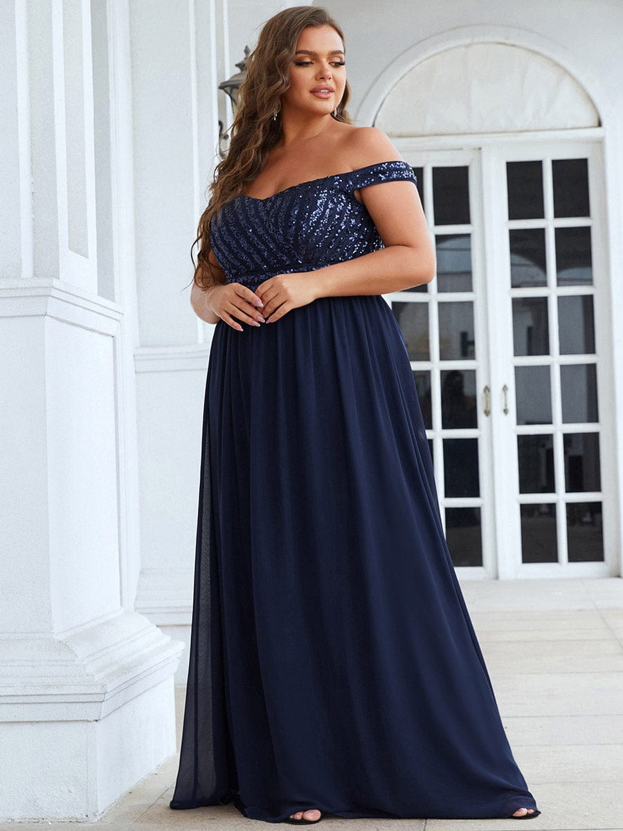 Off Shoulder Shining Paillette A-Line Maxi Evening Dress #color_Navy Blue