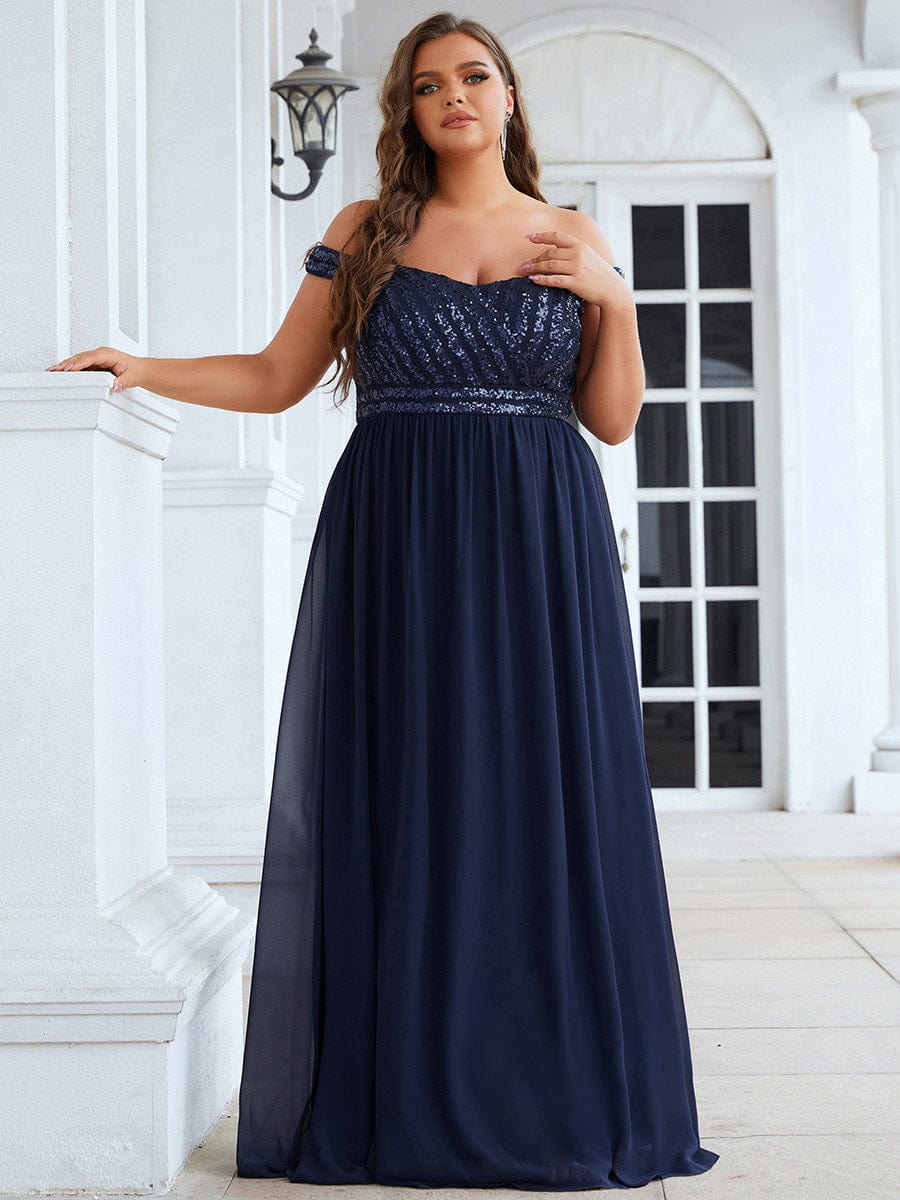 Off Shoulder Shining Paillette A-Line Maxi Evening Dress #color_Navy Blue