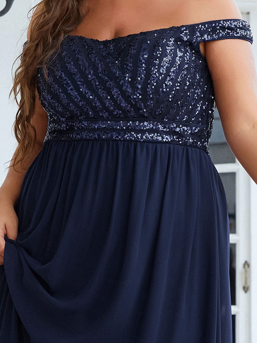 Off Shoulder Shining Paillette A-Line Maxi Evening Dress #color_Navy Blue
