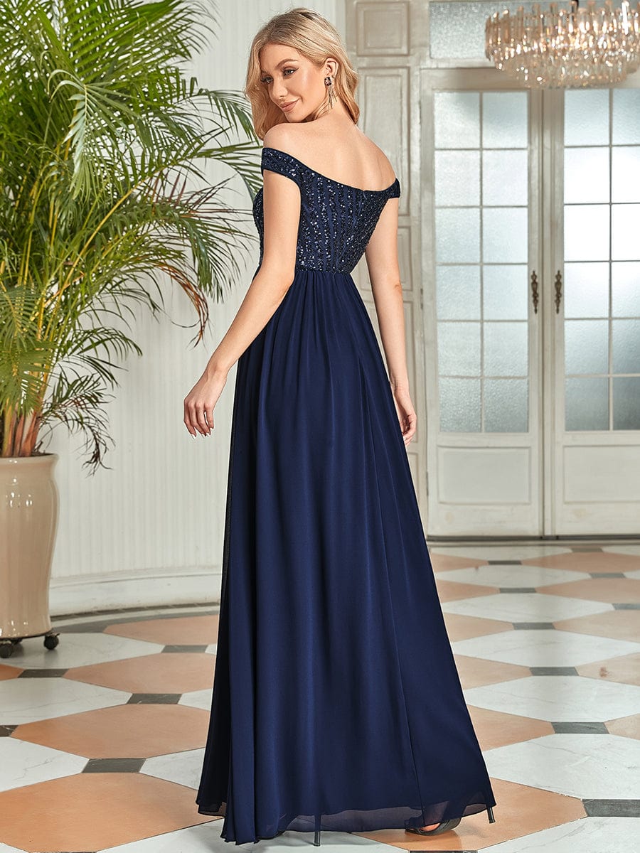 Off Shoulder Shining Paillette A-Line Maxi Evening Dress #color_Navy Blue