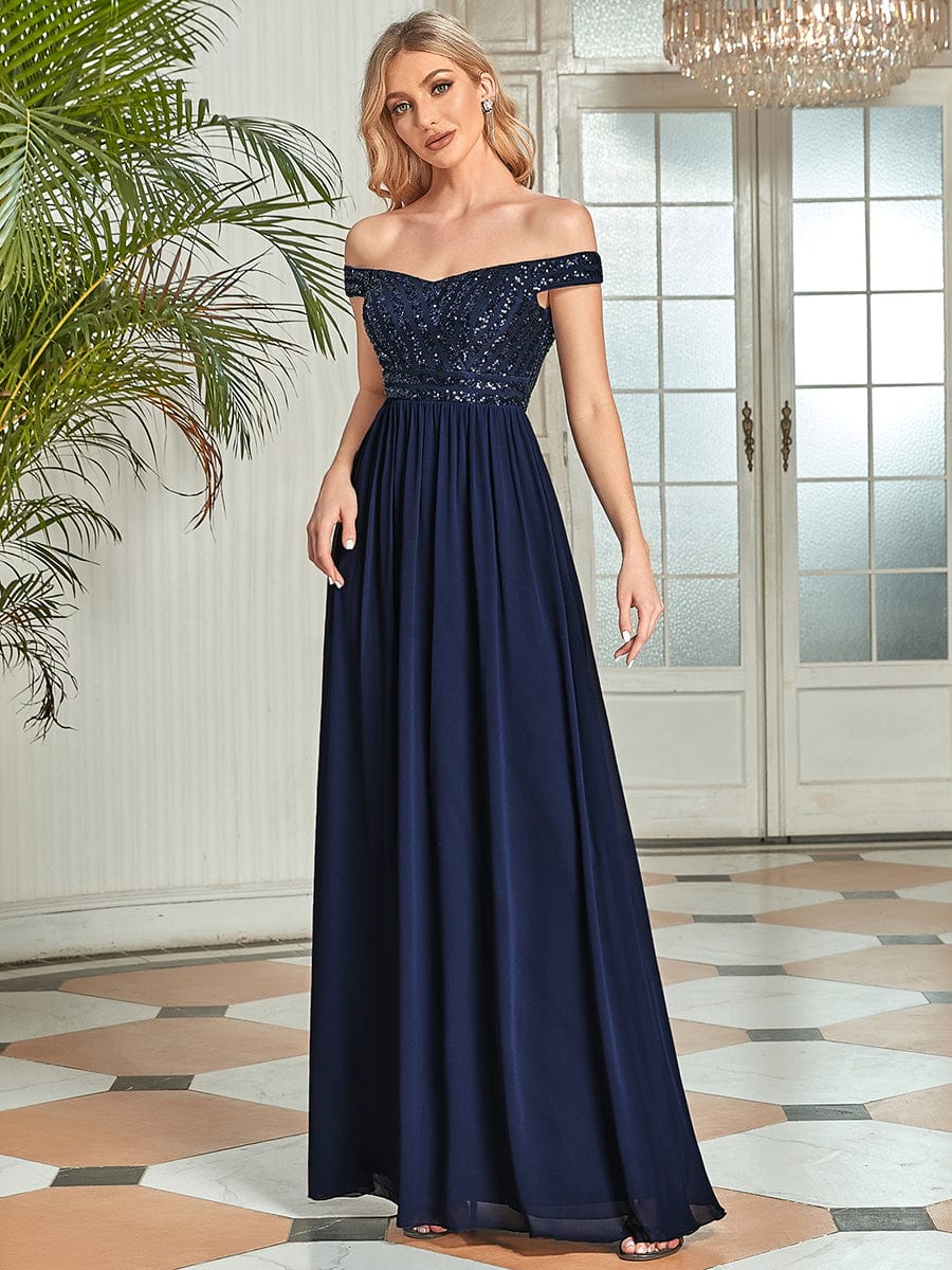 Off Shoulder Shining Paillette A-Line Maxi Evening Dress #color_Navy Blue