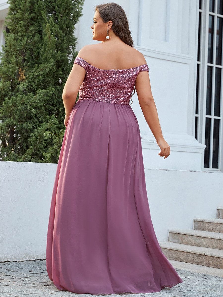 Off Shoulder Shining Paillette A-Line Maxi Evening Dress #color_Purple Orchid