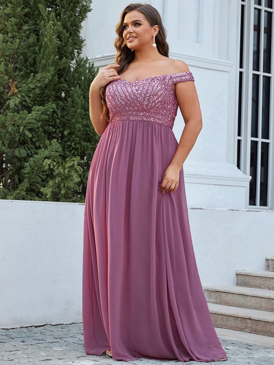 Off Shoulder Shining Paillette A-Line Maxi Evening Dress #color_Purple Orchid