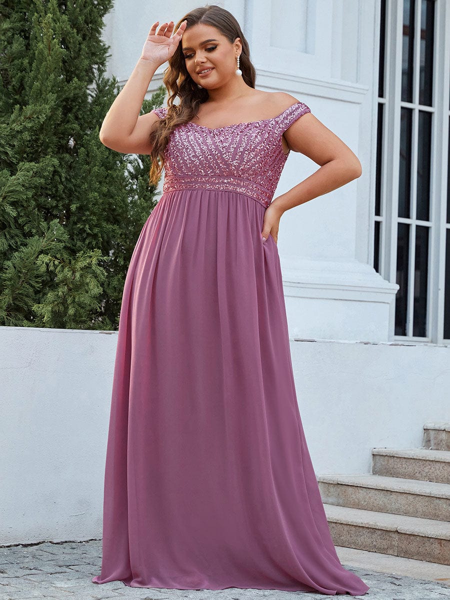 Off Shoulder Shining Paillette A-Line Maxi Evening Dress #color_Purple Orchid