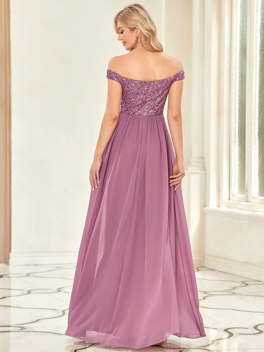 Off Shoulder Shining Paillette A-Line Maxi Evening Dress #color_Purple Orchid