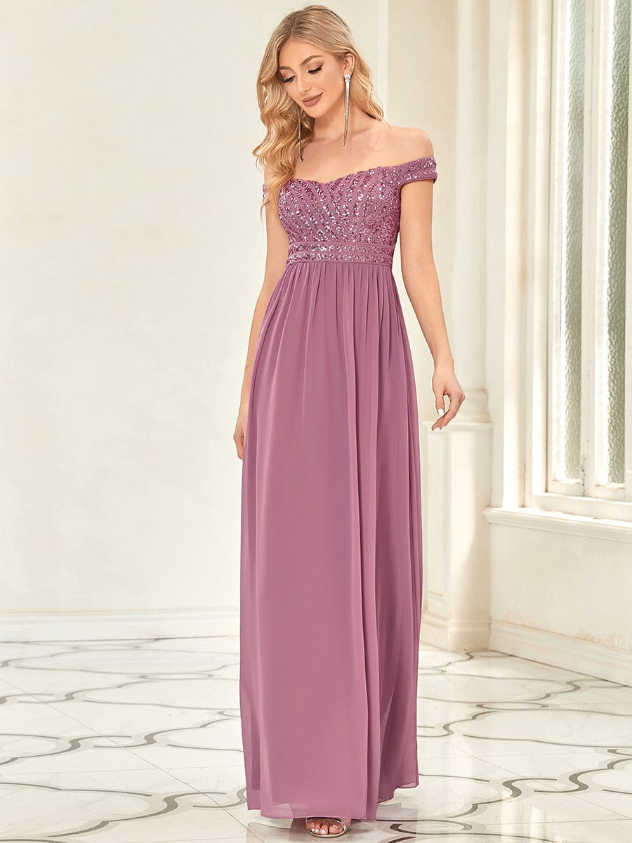 Off Shoulder Shining Paillette A-Line Maxi Evening Dress #color_Purple Orchid