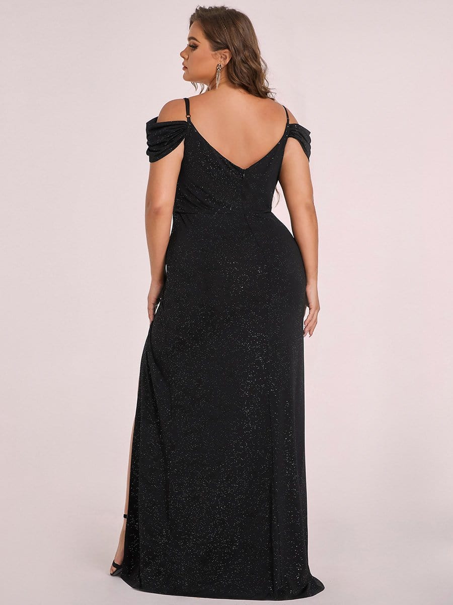 Plus Size V Neck Sequin Cold shoulder Split Evening Dress #color_Black