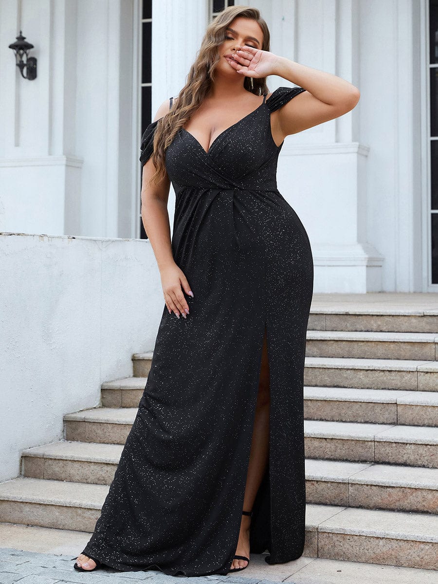 V Neck Sequin Cold shoulder Split evening dress #color_Black