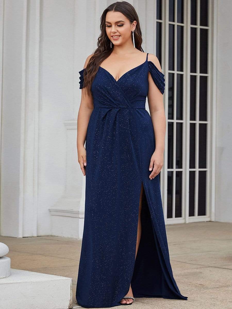 Plus Size Sexy High Slit Long Formal Evening Dresses #color_Navy Blue 