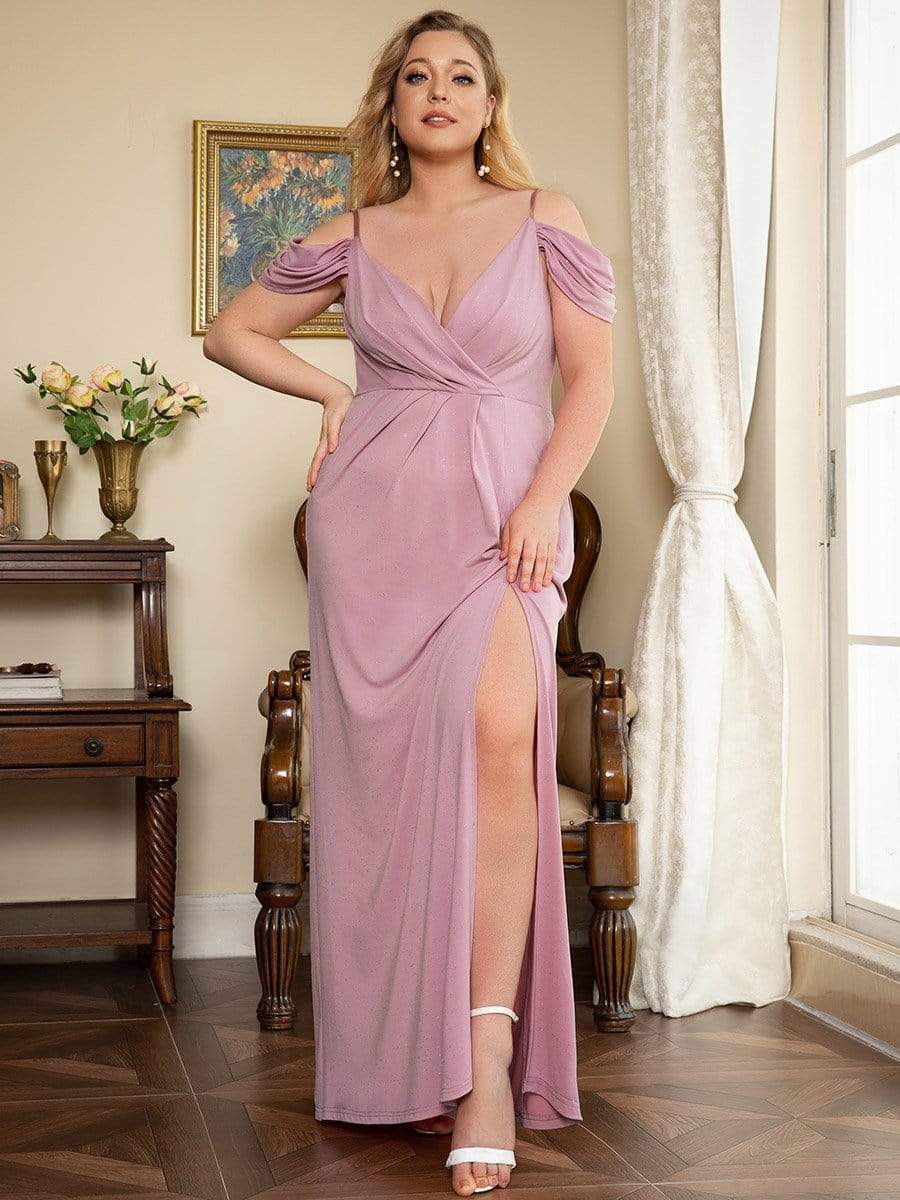 Plus Size V Neck Sequin Cold shoulder Split Evening Dress #color_Purple Orchid