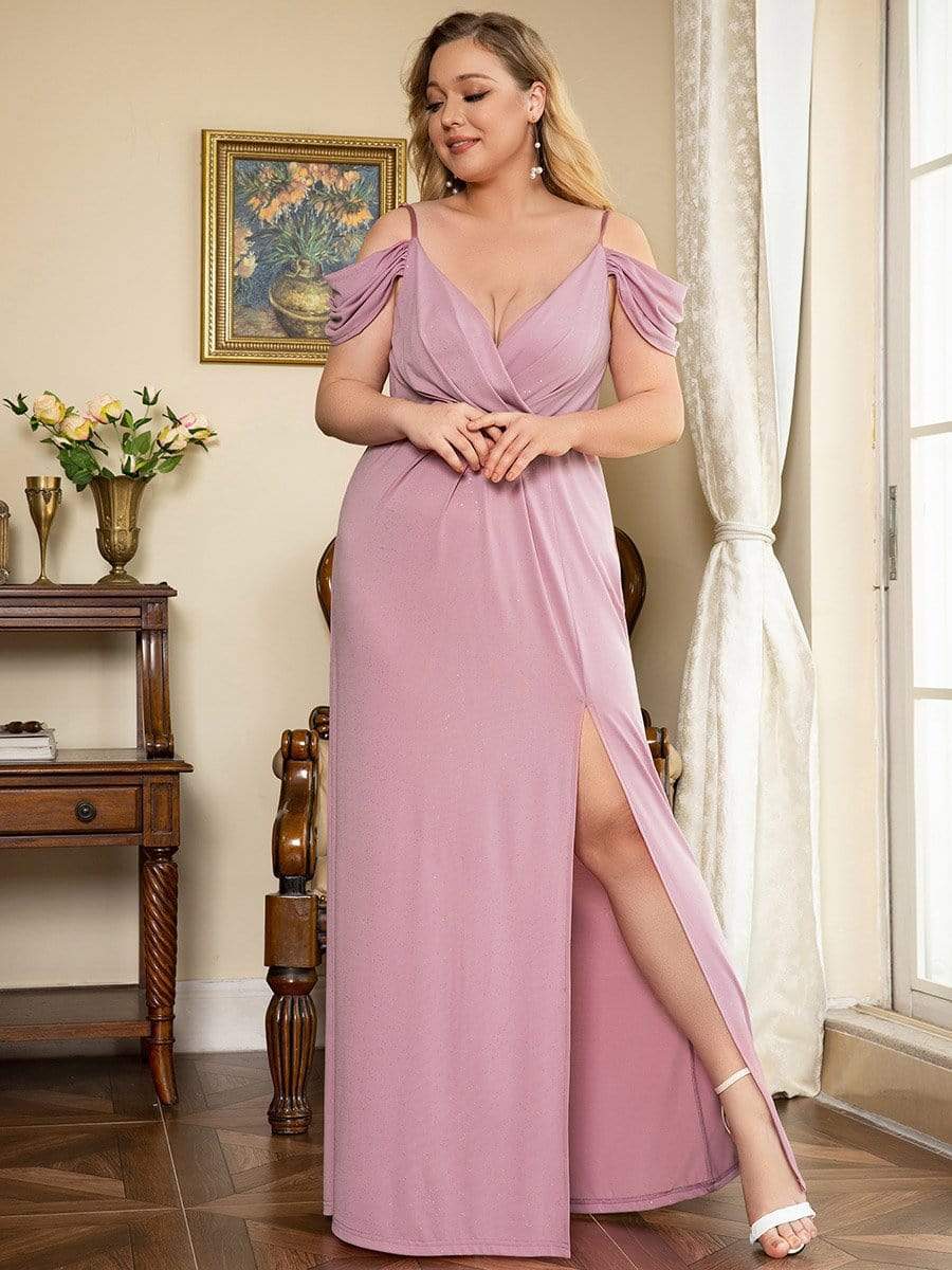 Plus Size V Neck Sequin Cold shoulder Split Evening Dress #color_Purple Orchid