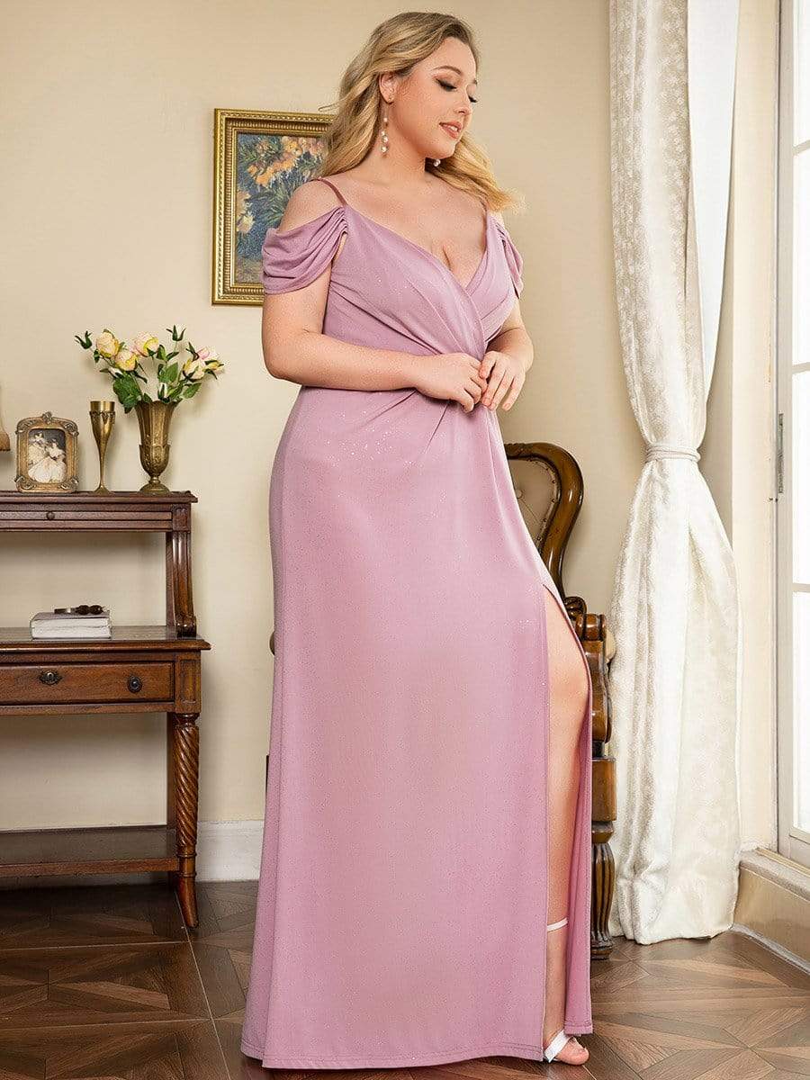 Plus Size V Neck Sequin Cold shoulder Split Evening Dress #color_Purple Orchid