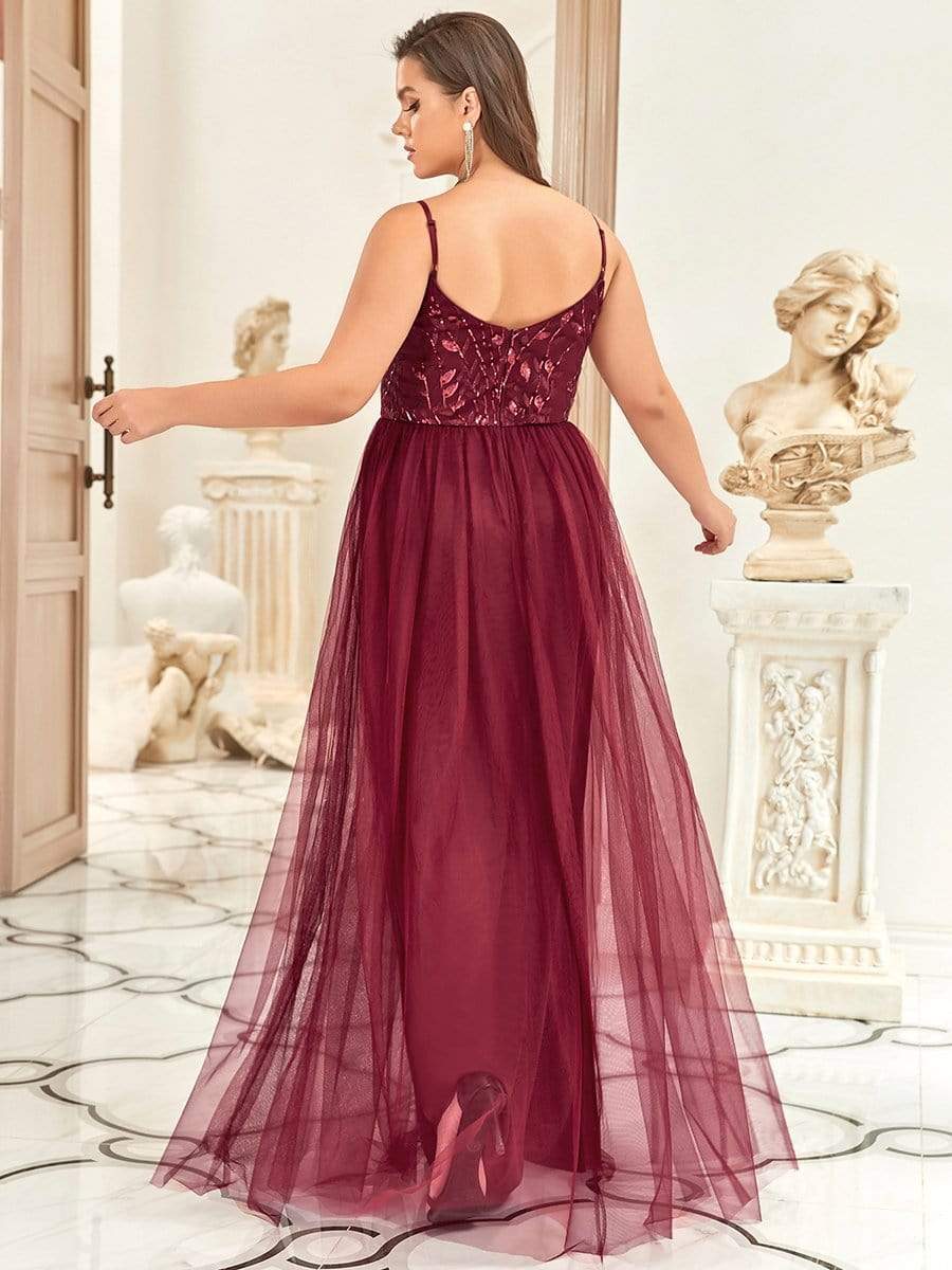 Plus Size V Neck Floral Sequined Spaghetti Straps Maxi Evening Dress #color_Burgundy