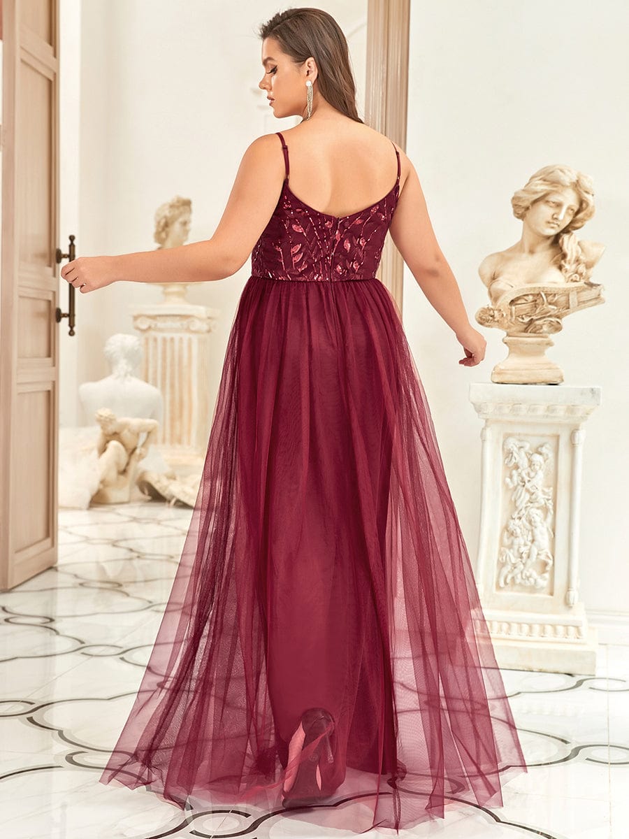 V Neck Spaghetti Strap Embroidered Maxi Tulle Wedding Guest Dress #color_Burgundy