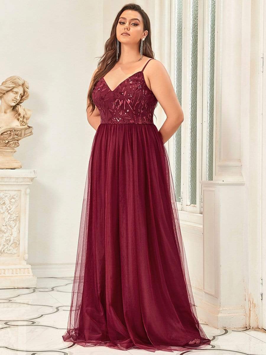 Plus Size V Neck Floral Sequined Spaghetti Straps Maxi Evening Dress #color_Burgundy