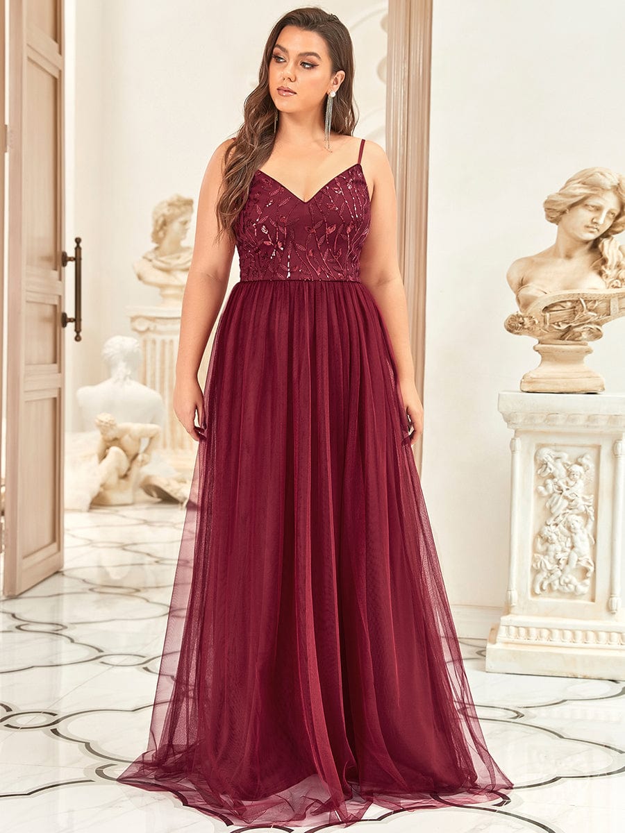 V Neck Spaghetti Strap Embroidered Maxi Tulle Wedding Guest Dress #color_Burgundy