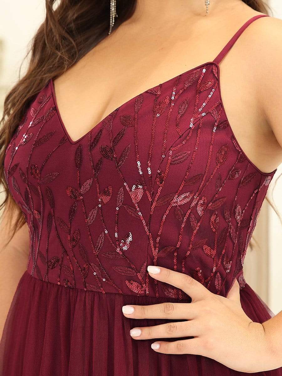 Plus Size V Neck Floral Sequined Spaghetti Straps Maxi Evening Dress #color_Burgundy