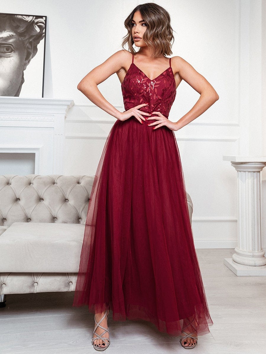 V Neck Spaghetti Strap Embroidered Maxi Tulle Wedding Guest Dress #color_Burgundy