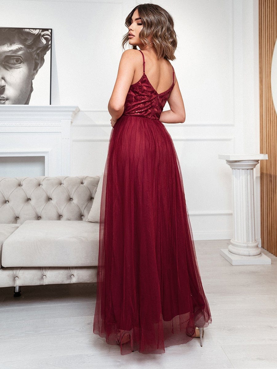 V Neck Spaghetti Strap Embroidered Maxi Tulle Wedding Guest Dress #color_Burgundy