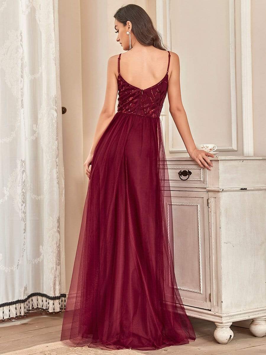 Custom Size V Neck Spaghetti Strap Embroidered Floor Length Tulle Evening Dress #color_Burgundy