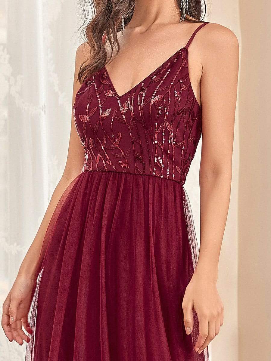 Custom Size V Neck Spaghetti Strap Embroidered Floor Length Tulle Evening Dress #color_Burgundy