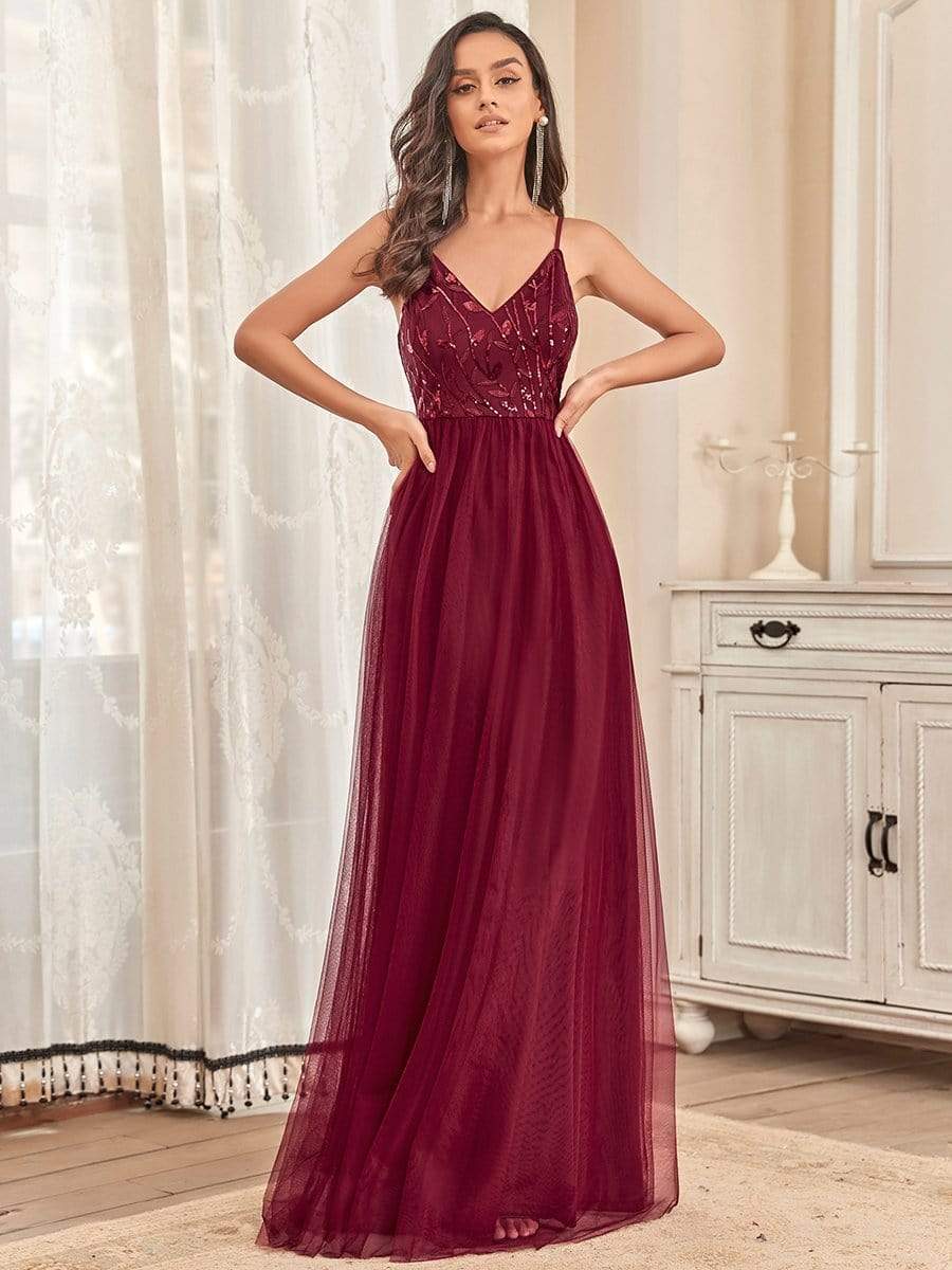 V Neck Spaghetti Strap Embroidered Maxi Tulle Wedding Guest Dress #color_Burgundy