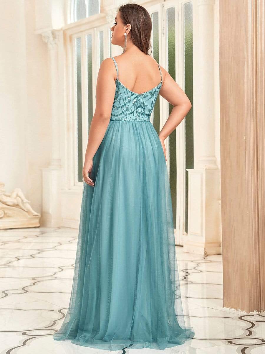 Plus Size V Neck Floral Sequined Spaghetti Straps Maxi Evening Dress #color_Light Teal