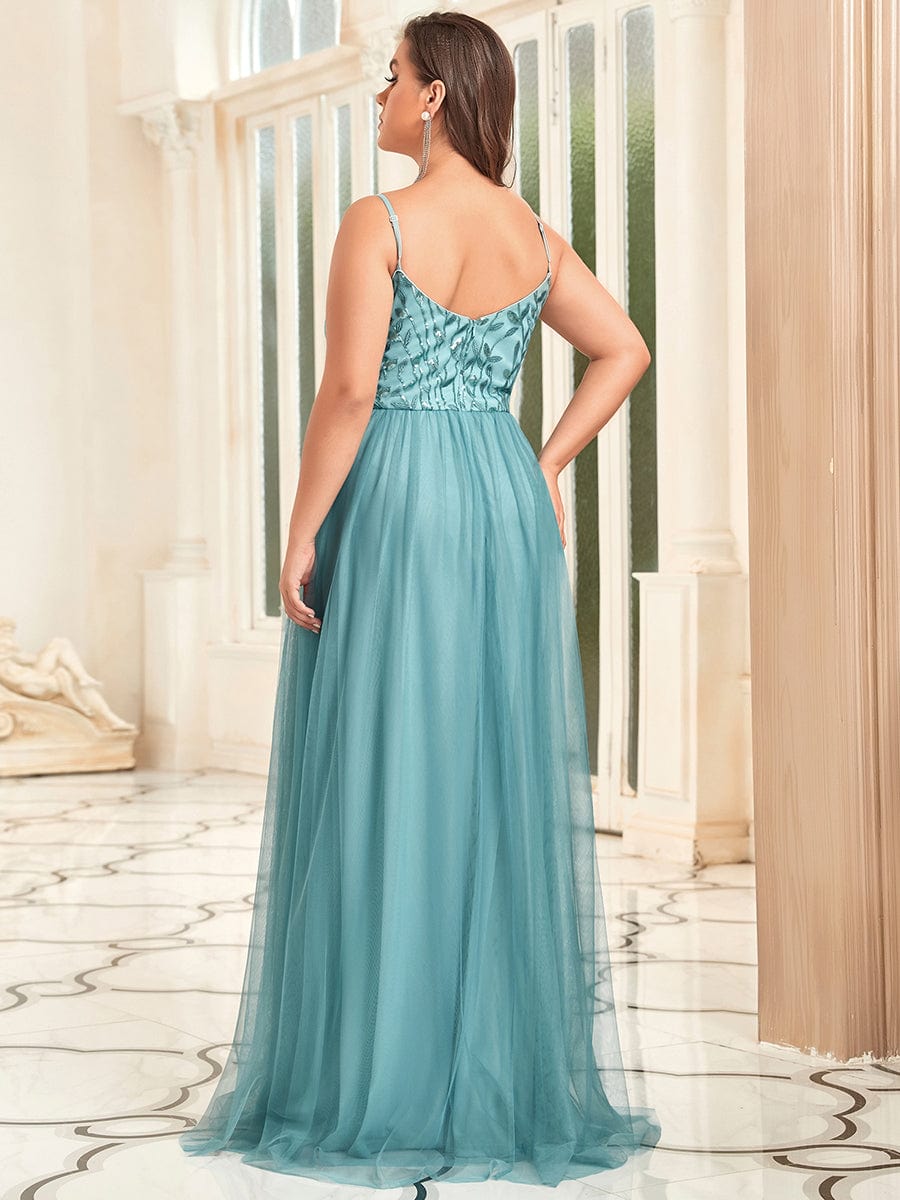 V Neck Spaghetti Strap Embroidered Maxi Tulle Wedding Guest Dress #color_Light Teal