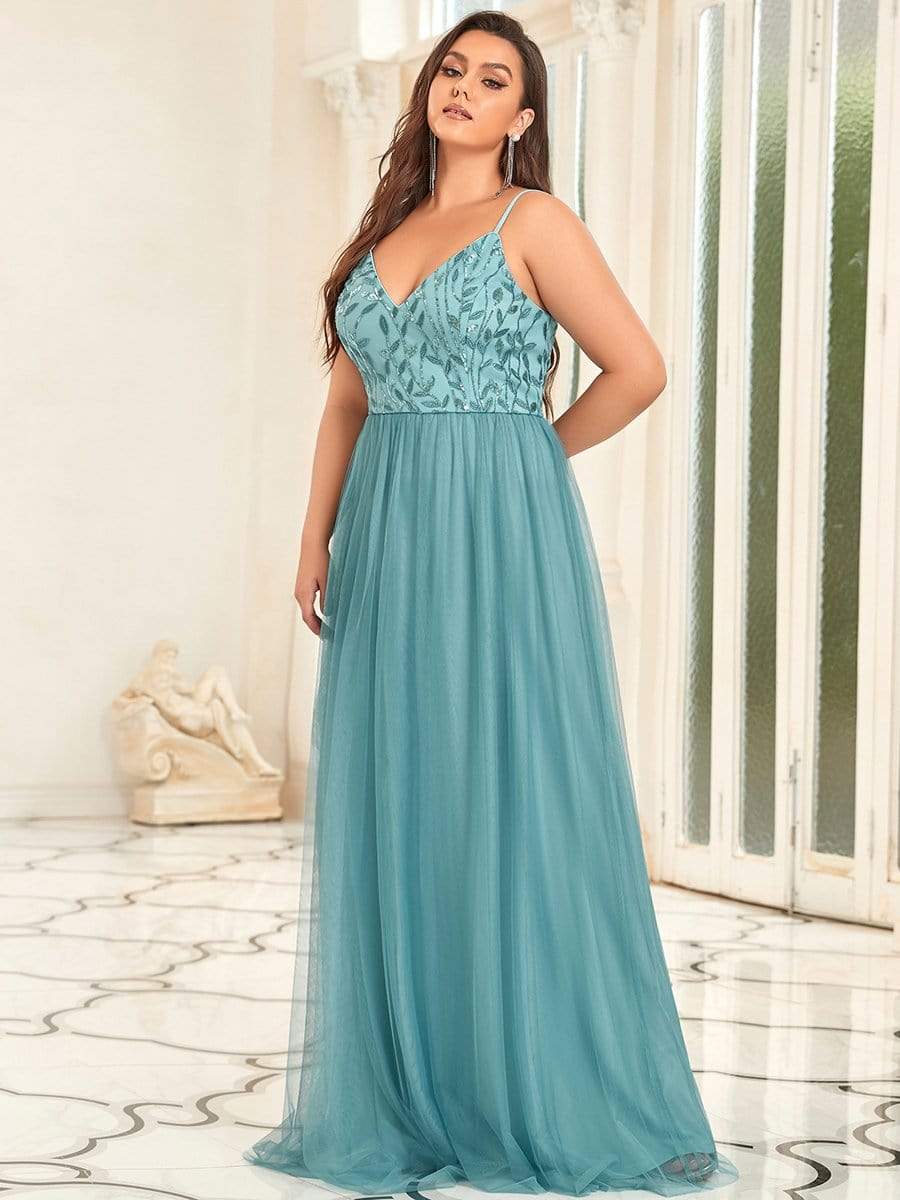 Plus Size V Neck Floral Sequined Spaghetti Straps Maxi Evening Dress #color_Light Teal