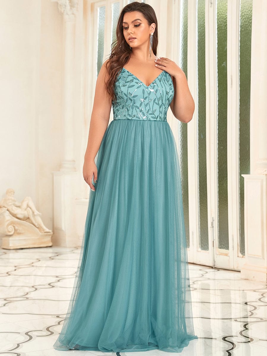 Custom Size V Neck Spaghetti Strap Embroidered Floor Length Tulle Evening Dress #color_Dusty Blue