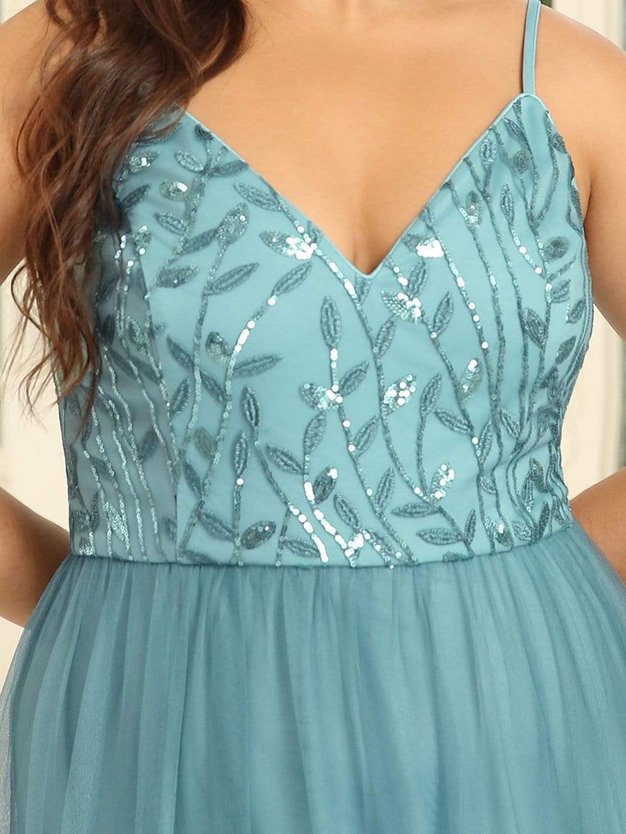 Plus Size V Neck Floral Sequined Spaghetti Straps Maxi Evening Dress #color_Light Teal