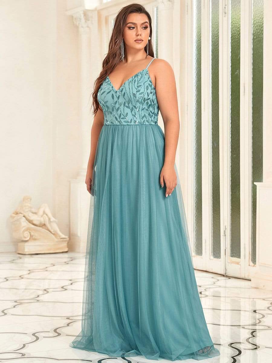 Plus Size V Neck Floral Sequined Spaghetti Straps Maxi Evening Dress #color_Light Teal