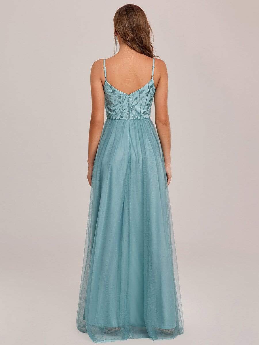 V Neck Spaghetti Strap Embroidered Floor Length Tulle Evening Dress #color_Light Teal