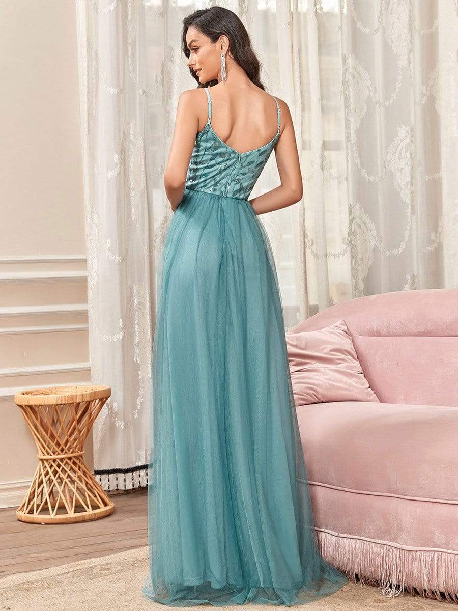 V Neck Spaghetti Strap Embroidered Maxi Tulle Wedding Guest Dress #color_Light Teal