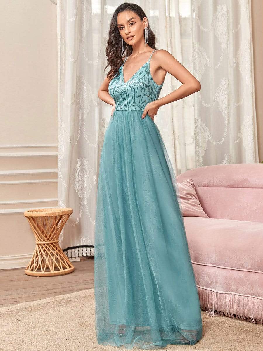 Custom Size V Neck Spaghetti Strap Embroidered Floor Length Tulle Evening Dress #color_Dusty Blue