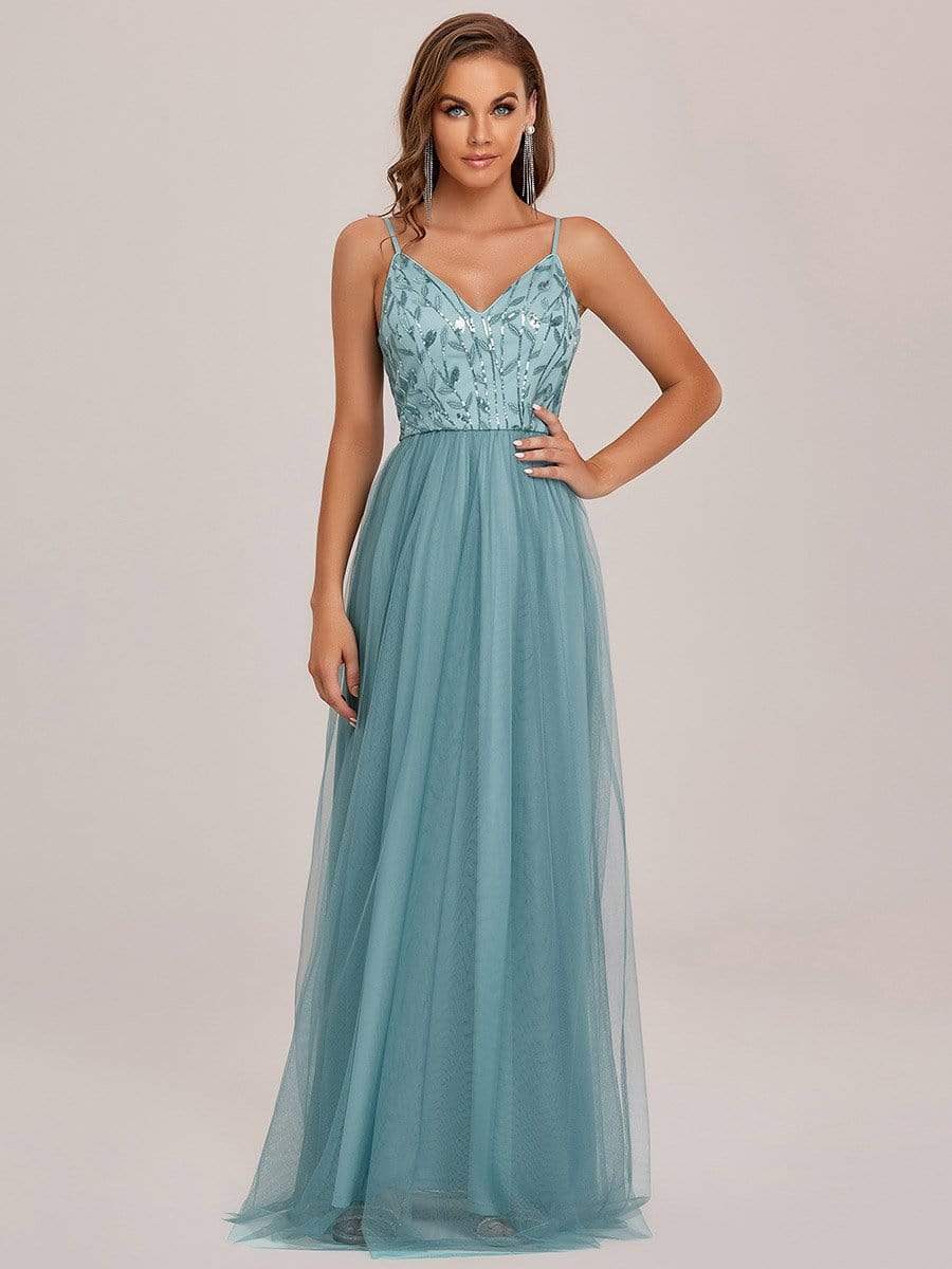 V Neck Spaghetti Strap Embroidered Floor Length Tulle Evening Dress #color_Light Teal