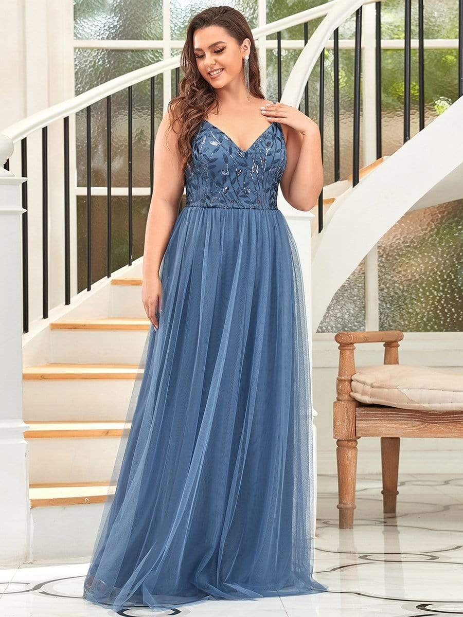 Plus Size V Neck Floral Sequined Spaghetti Straps Maxi Evening Dress #color_Dusty Blue