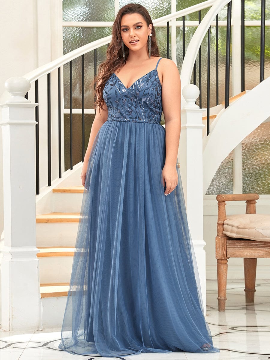 Custom Size V Neck Spaghetti Strap Embroidered Floor Length Tulle Evening Dress #color_Dusty Navy