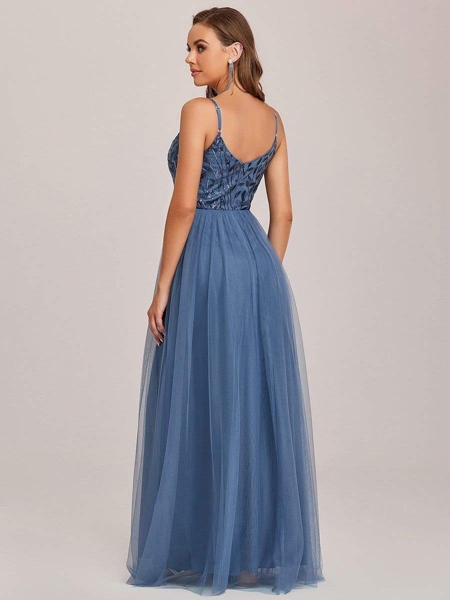 V Neck Spaghetti Strap Embroidered Floor Length Tulle Evening Dress #color_Dusty Blue