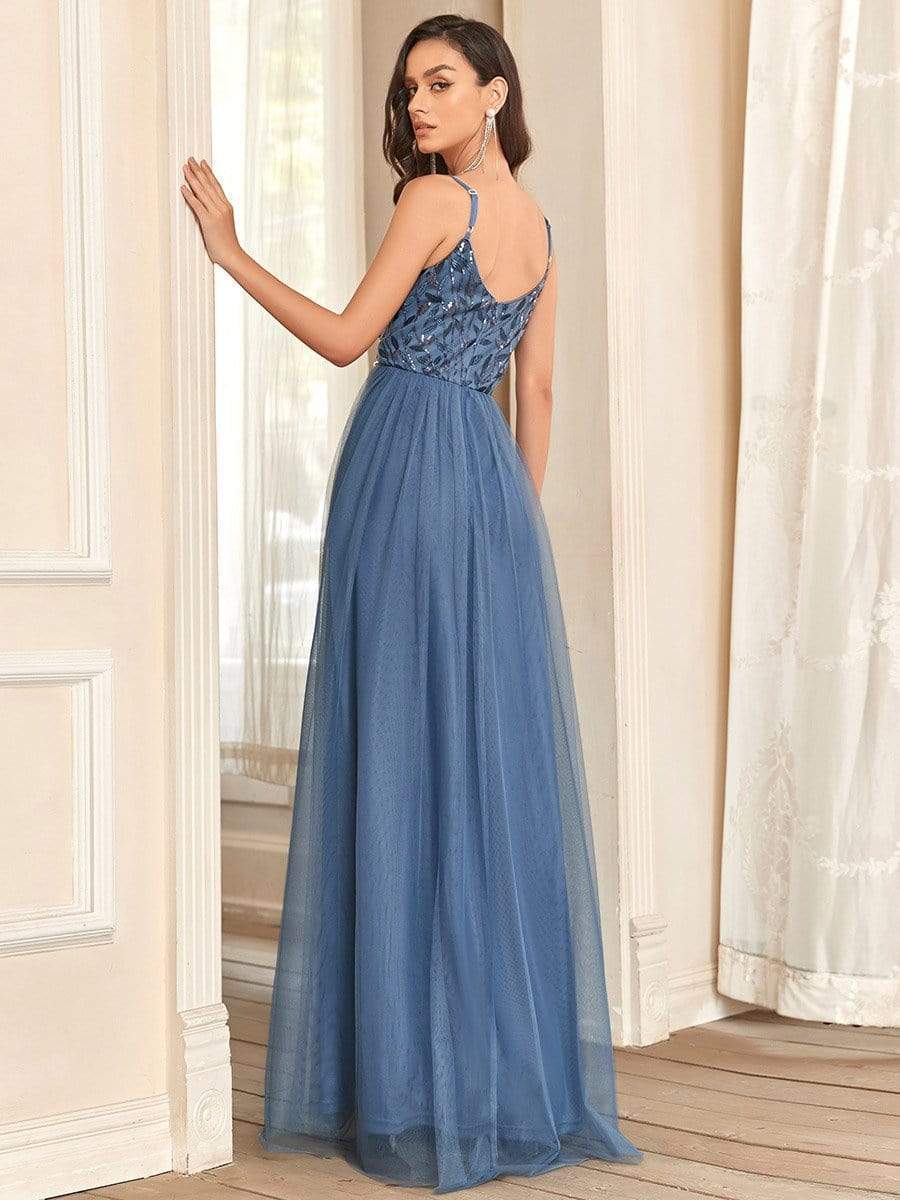 V Neck Spaghetti Strap Embroidered Floor Length Tulle Evening Dress #color_Dusty Blue