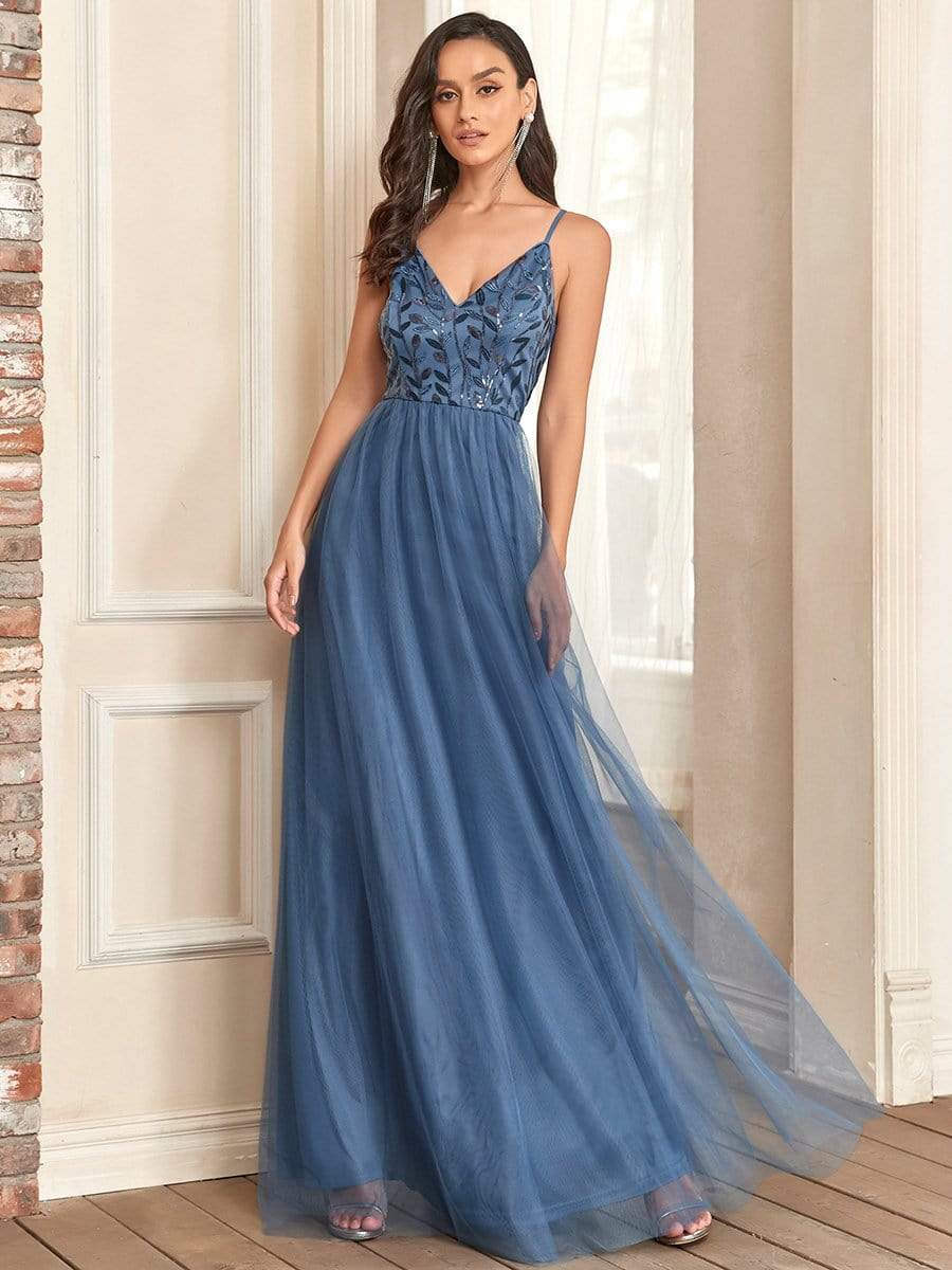 V Neck Spaghetti Strap Embroidered Maxi Tulle Wedding Guest Dress #color_Dusty Blue