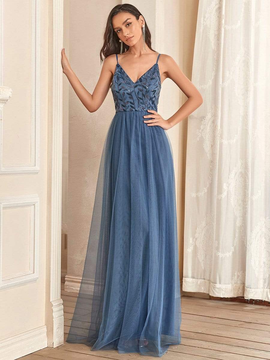 V Neck Spaghetti Strap Embroidered Floor Length Tulle Evening Dress #color_Dusty Blue